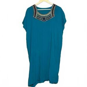 Womens Teal Tunic Dress Embroidered Neckline Size Medium Bohochic